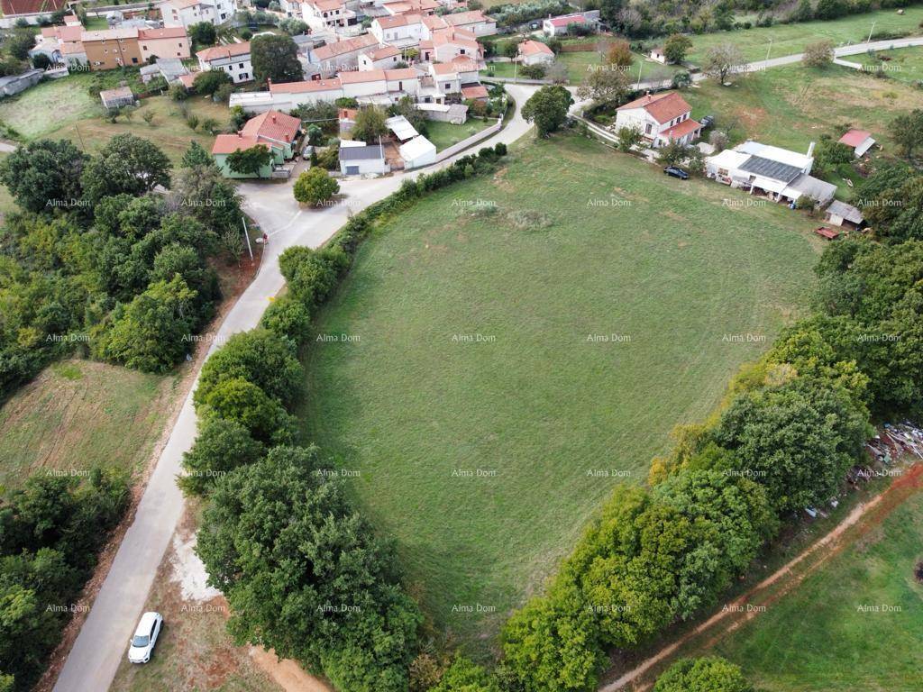 Panoramische Luftaufnahme eines grünen Feldes mit angrenzenden Häusern und einem Dorf im Hintergrund, mit Solaranlage.