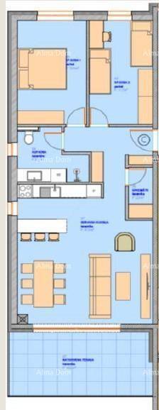 Detaillierter Grundriss einer Wohnung mit drei Schlafzimmern, offenem Wohnbereich und großer Terrasse.
