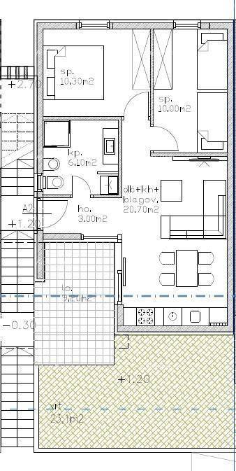 Grundriss einer Wohnung mit zwei Schlafzimmern, offenem Wohnbereich und Terrasse mit Gartenanteil.