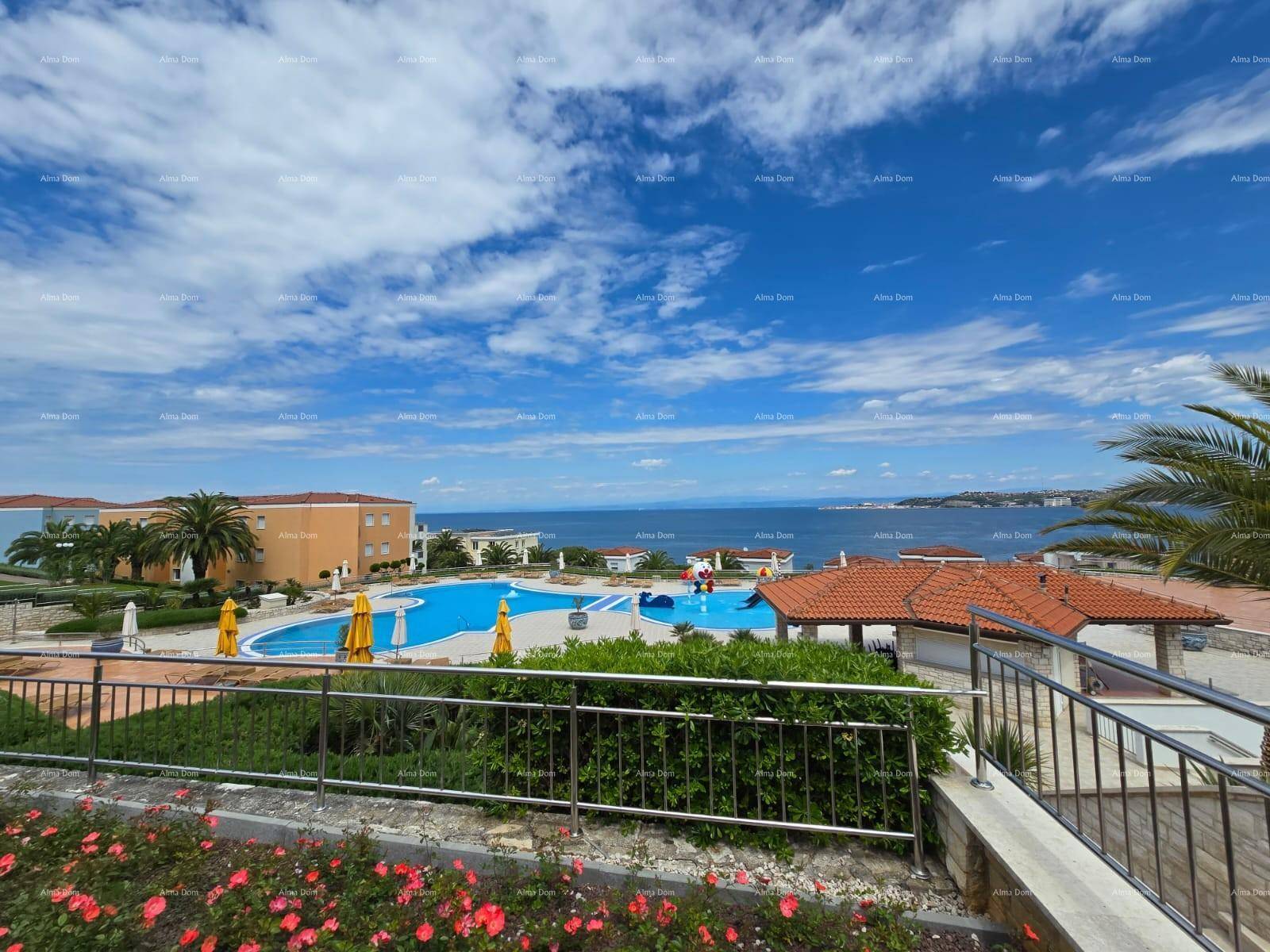 Weitläufige Poollandschaft mit Blick auf das Meer und die umliegenden Gebäude der Anlage.