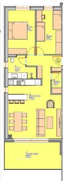 Grundriss einer Wohnung mit offenem Wohnbereich, zwei Schlafzimmern und Balkon.