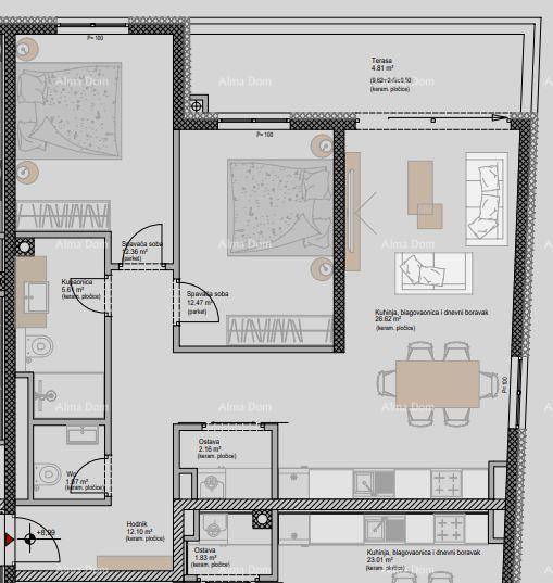 Grundriss einer Wohnung mit offenem Wohnbereich, zwei Schlafzimmern und Terrasse.