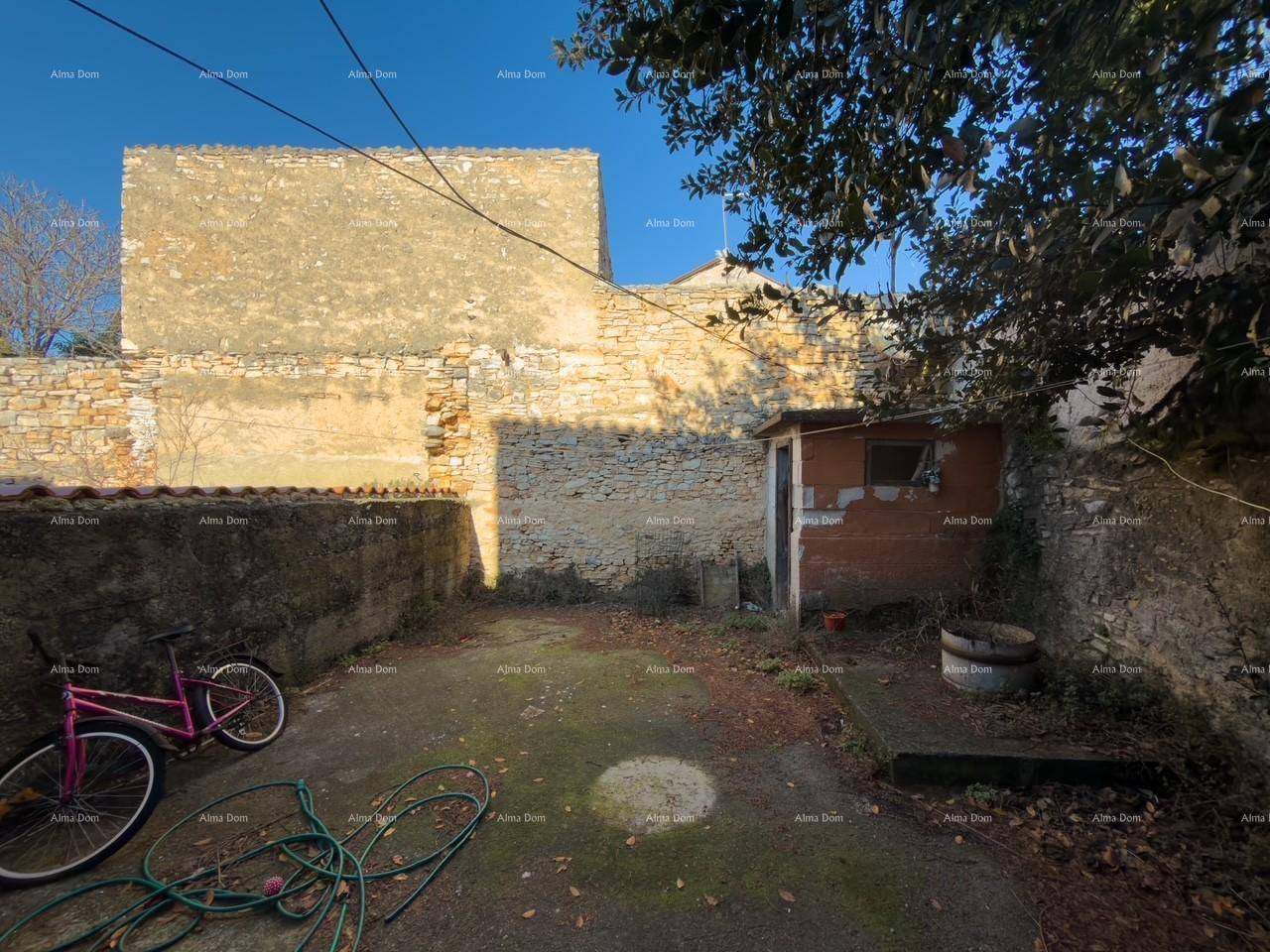 Gartenbereich mit alten Steinmauern und einem kleinen Schuppen, bietet Potenzial zur Gestaltung.