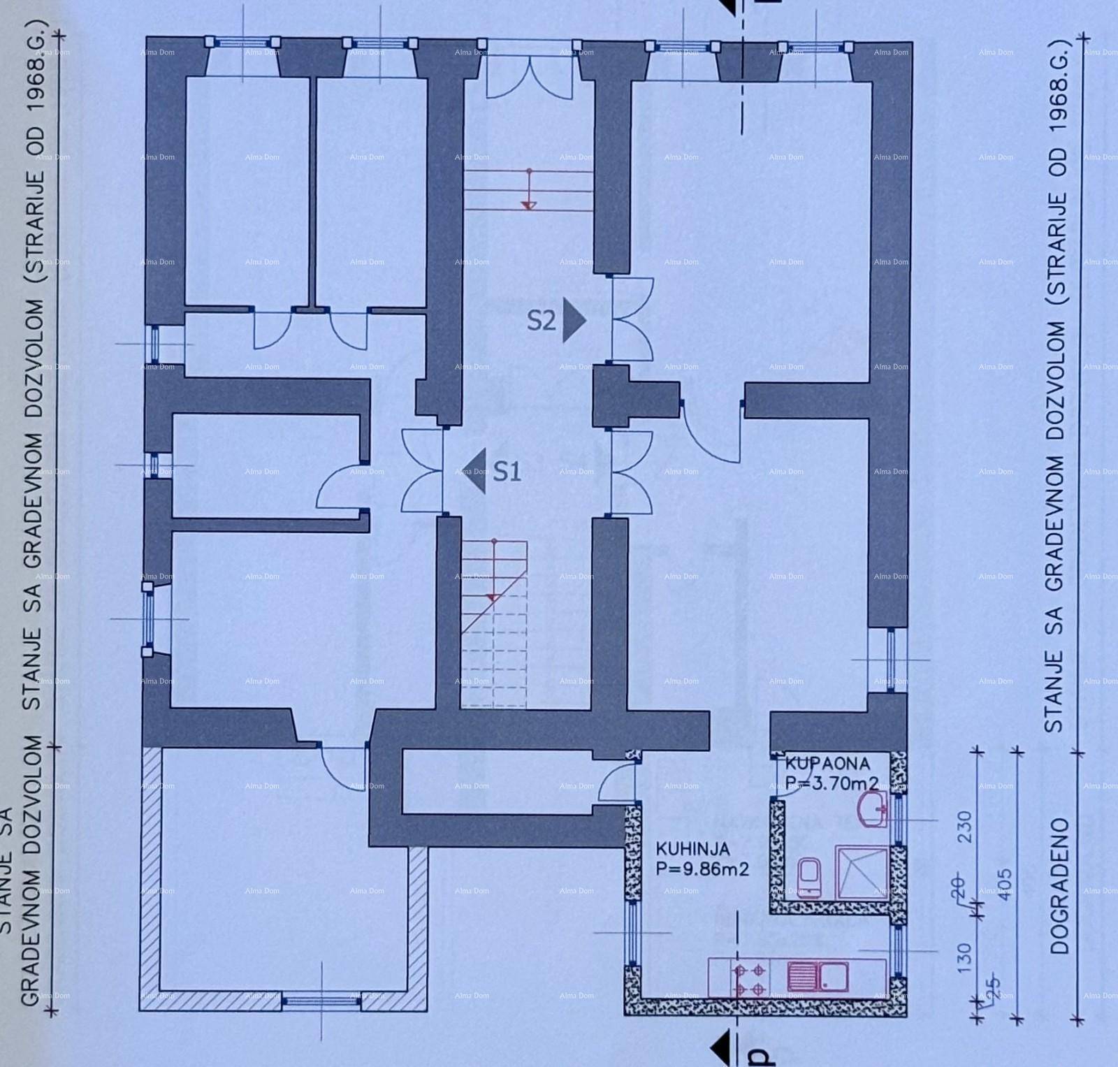 Grundrissplan mit der Aufteilung der Räume, inklusive Küche und Badezimmer.