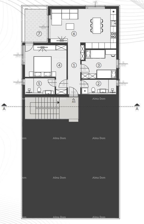 Grundriss einer Wohnung mit offenem Wohnbereich, Schlafzimmern und Balkon.
