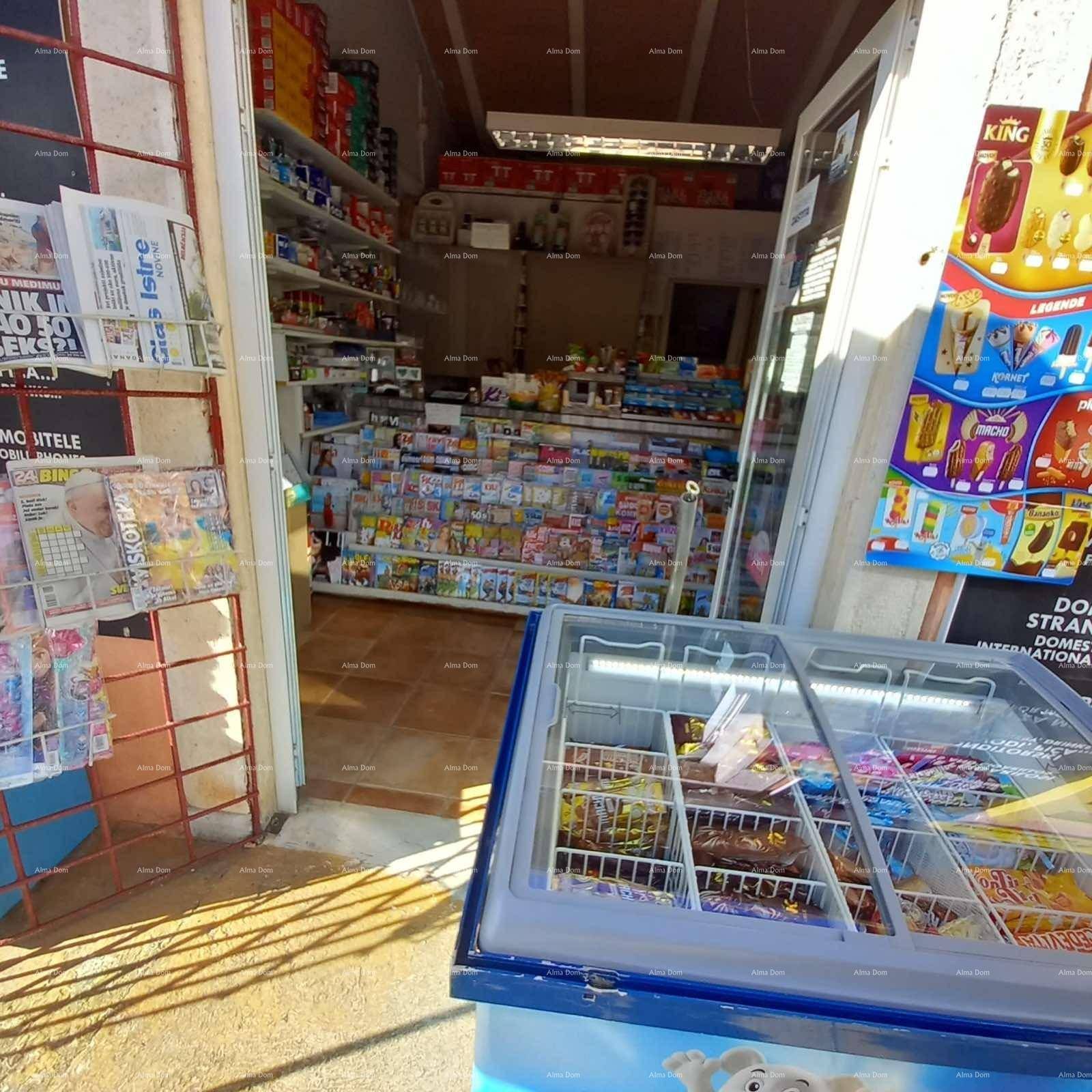 Kleiner Laden oder Kiosk mit Regalen voller Produkte und einem Gefrierschrank im Vordergrund.