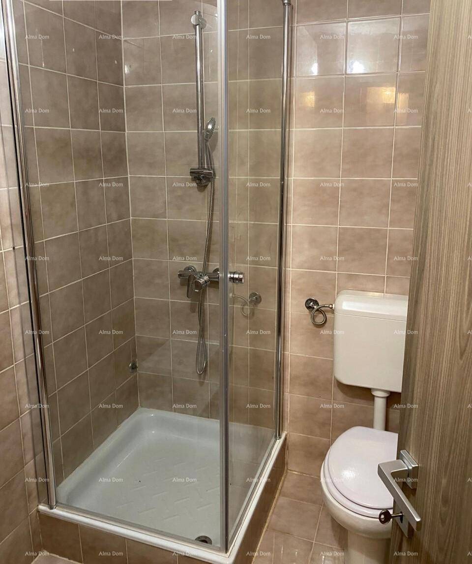 Modernes Badezimmer mit Duschkabine und Toilette, ausgestattet mit braunen Fliesen.