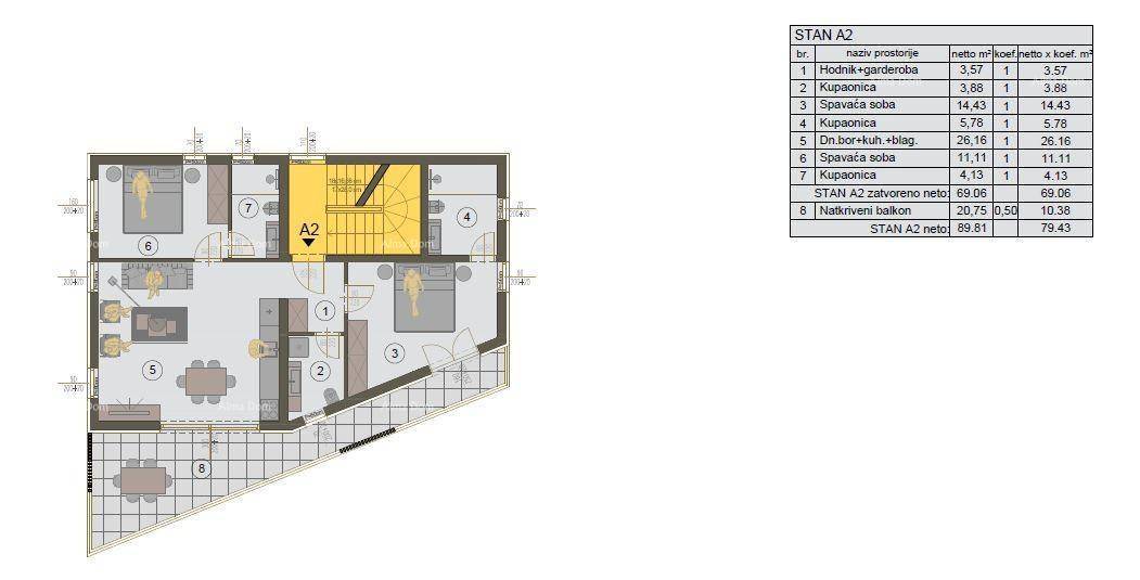 Detaillierter Grundriss einer Wohnung mit zwei Schlafzimmern, Bädern und einem großen Balkon.