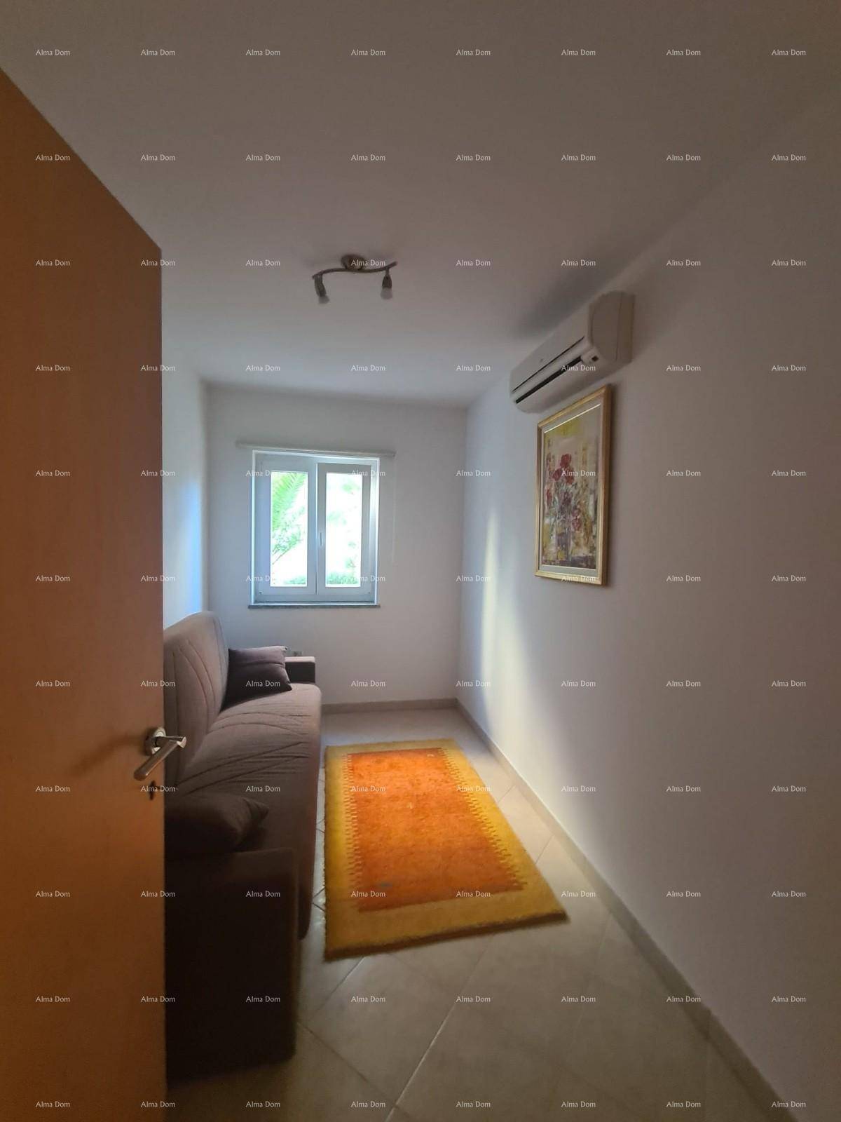 Kleines Zimmer mit Sofa, Teppich und Klimaanlage, hell durch das Fenster.