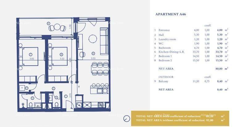 Detaillierter Grundriss der Wohnung A46 mit zwei Schlafzimmern und Balkon.