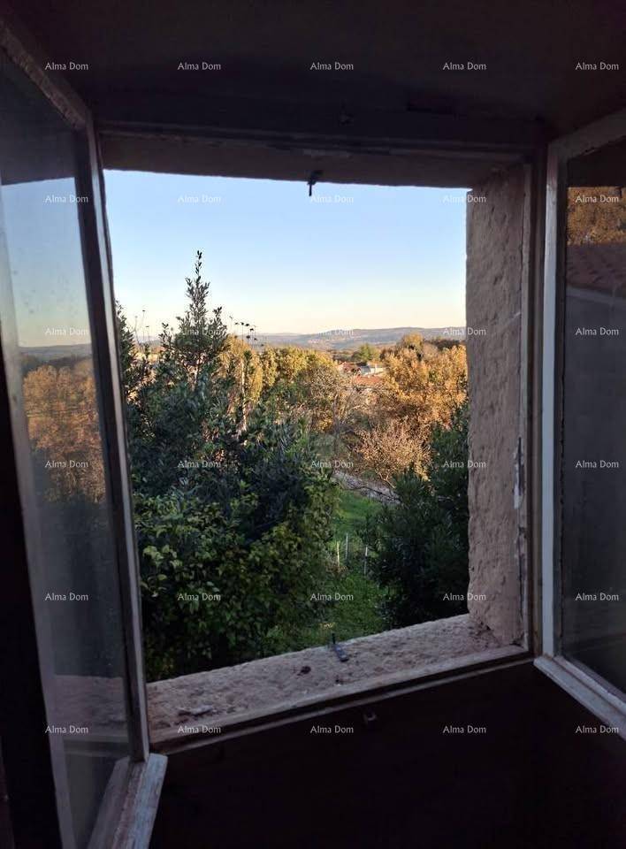 Blick aus einem Fenster auf eine grüne Landschaft mit Bäumen und Hügeln in der Ferne.