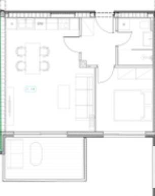 Grundriss einer Wohnung mit offenem Wohnbereich, Schlafzimmer und Balkon.