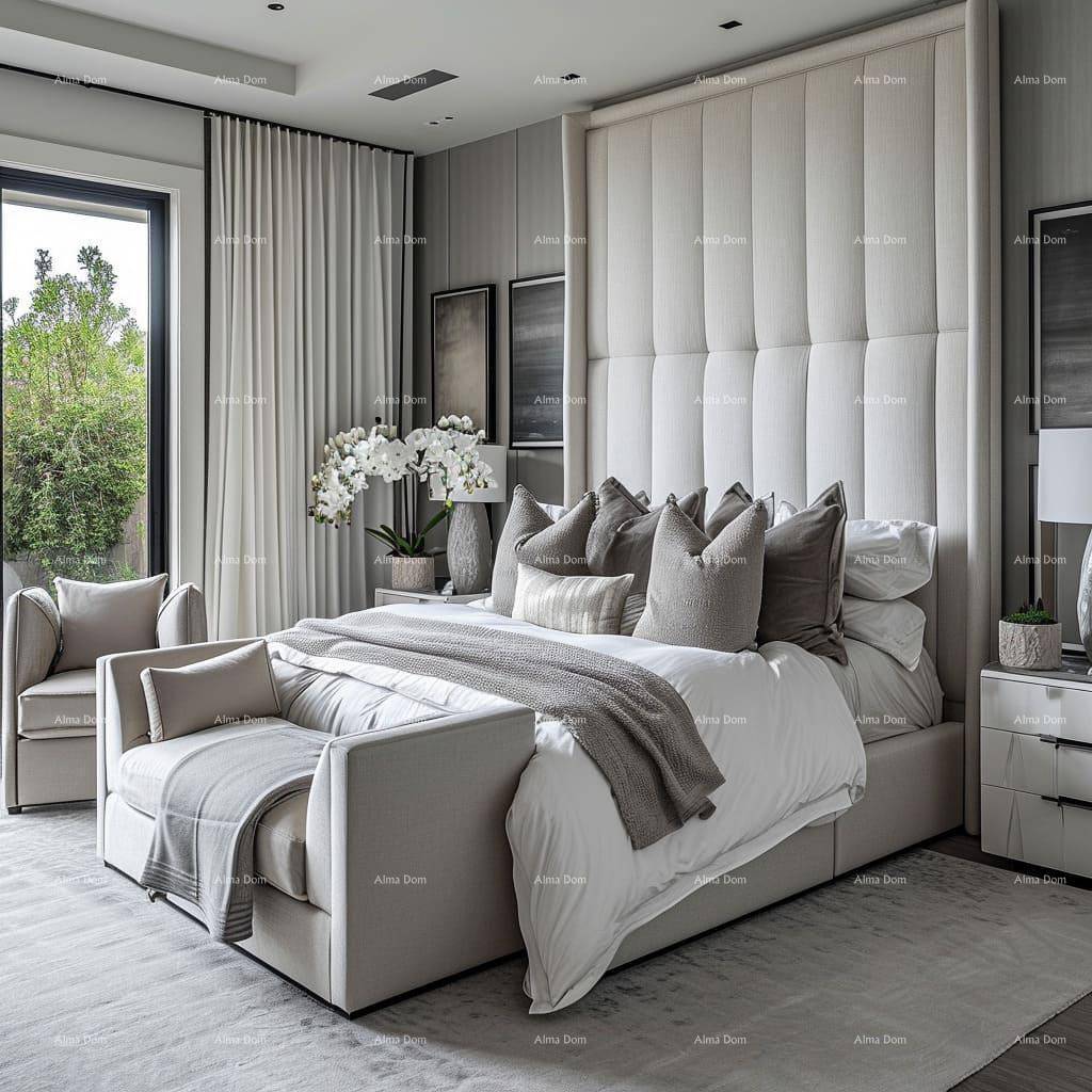 Elegantes Schlafzimmer mit großem gepolstertem Kopfteil, Teppichboden und Zugang zum Außenbereich.