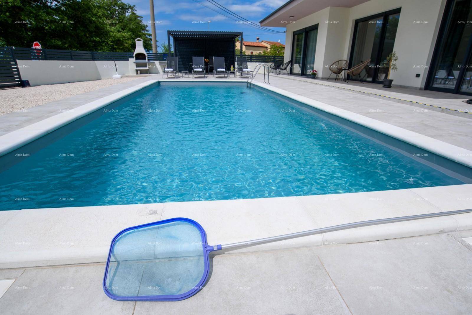 Klarer Swimmingpool mit blauer Wasseroberfläche und einem Reinigungsnetz am Beckenrand.