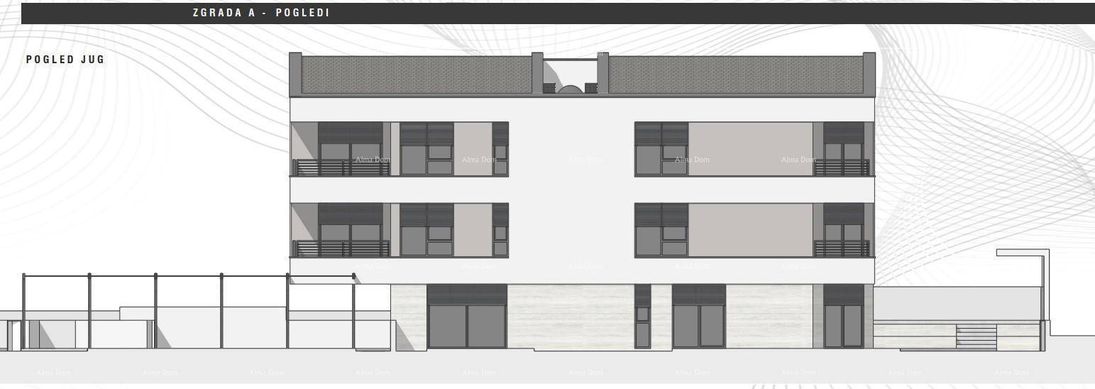 Architektonische Ansicht der Südfassade eines modernen Wohngebäudes mit Balkonen.