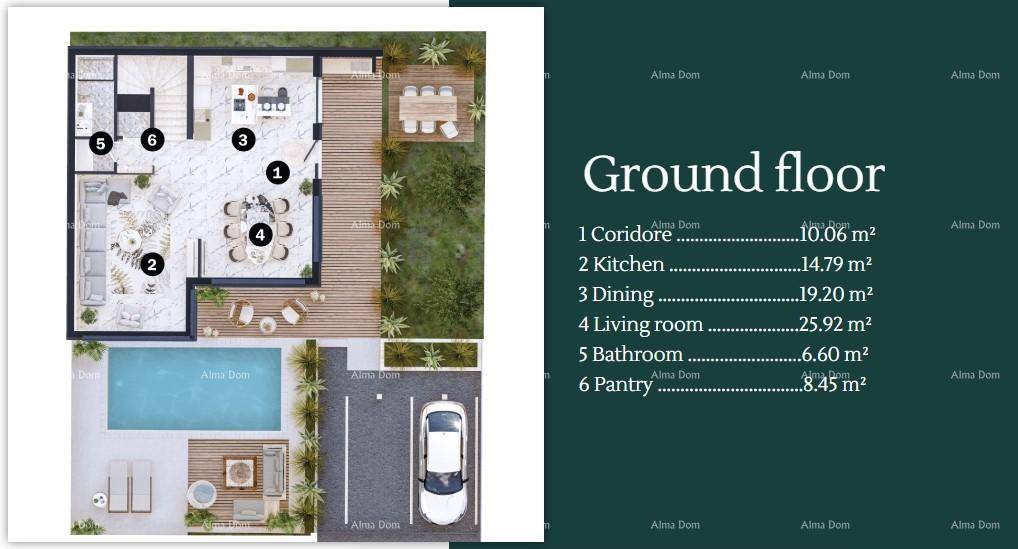 Grundriss des Erdgeschosses mit offener Küche, Ess- und Wohnbereich sowie Pool und Parkplatz.
