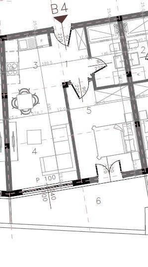 Detaillierter Grundrissabschnitt einer Wohneinheit mit Küche, Wohnzimmer, Schlafzimmer und Terrasse.