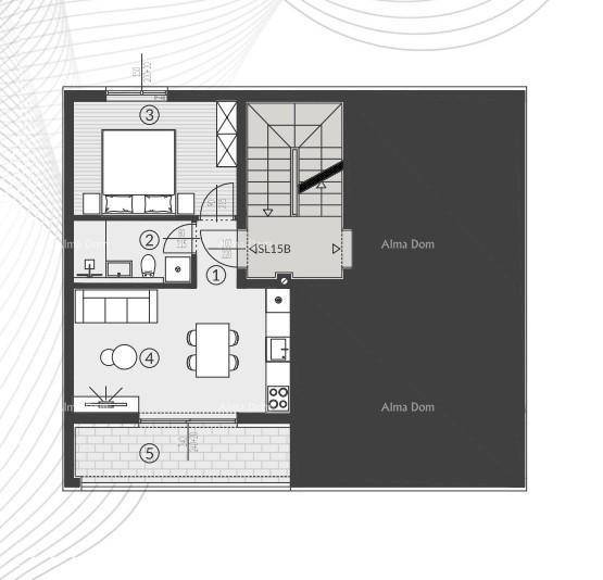 Grundriss einer Wohnung mit Schlafzimmer, Bad, offenem Wohnbereich und Balkon.