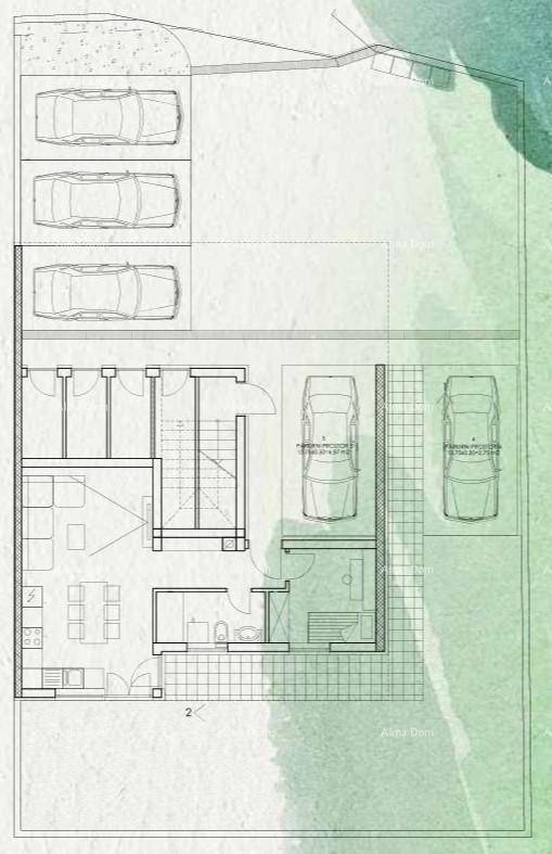 Grundrissplan mit Parkplätzen im Freien und einer Garage im Erdgeschoss, sowie Wohnbereichen.