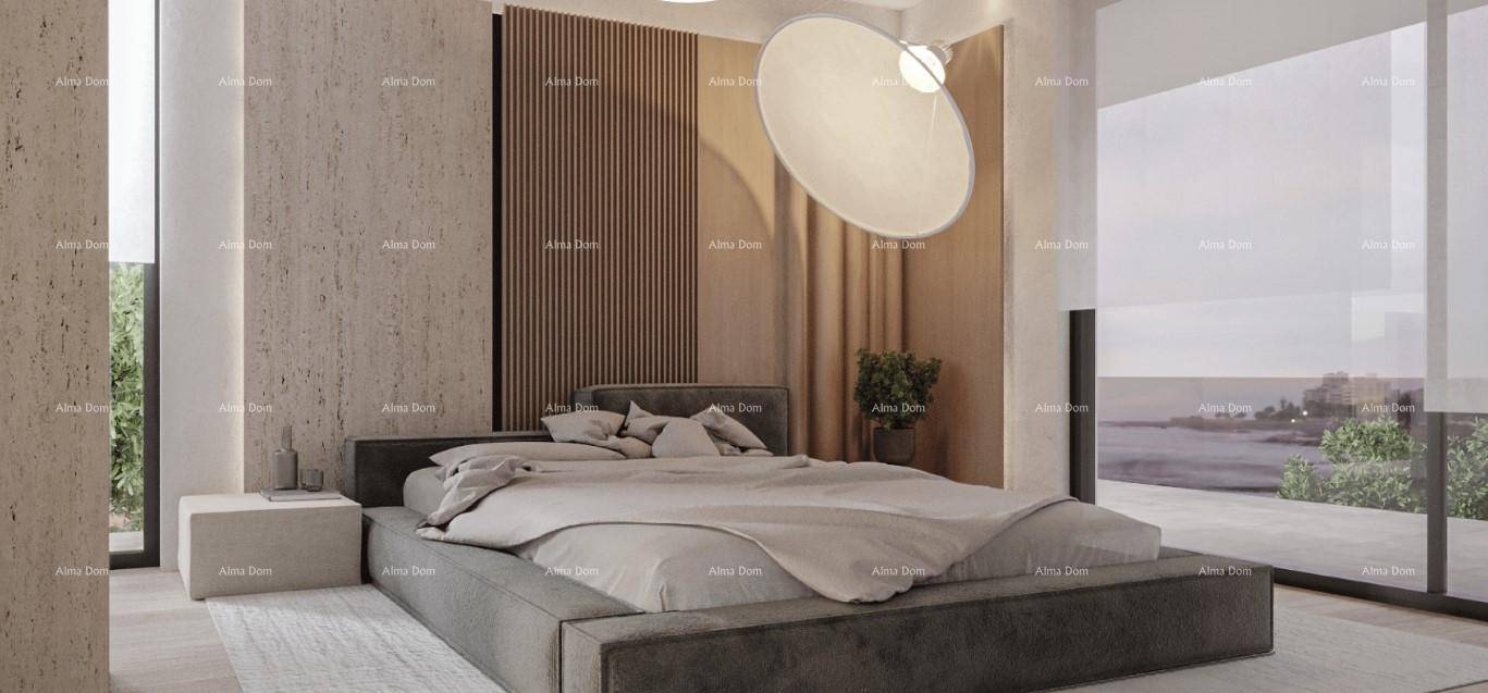 Helles Schlafzimmer mit modernem Bett, großen Fenstern und minimalistischer Einrichtung.