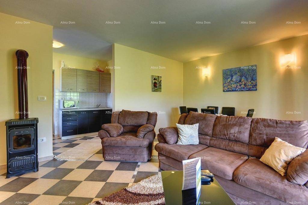Gemütliches Wohnzimmer mit Sofas und Holzofen, im Hintergrund eine kleine Küchenzeile mit kariertem Boden.