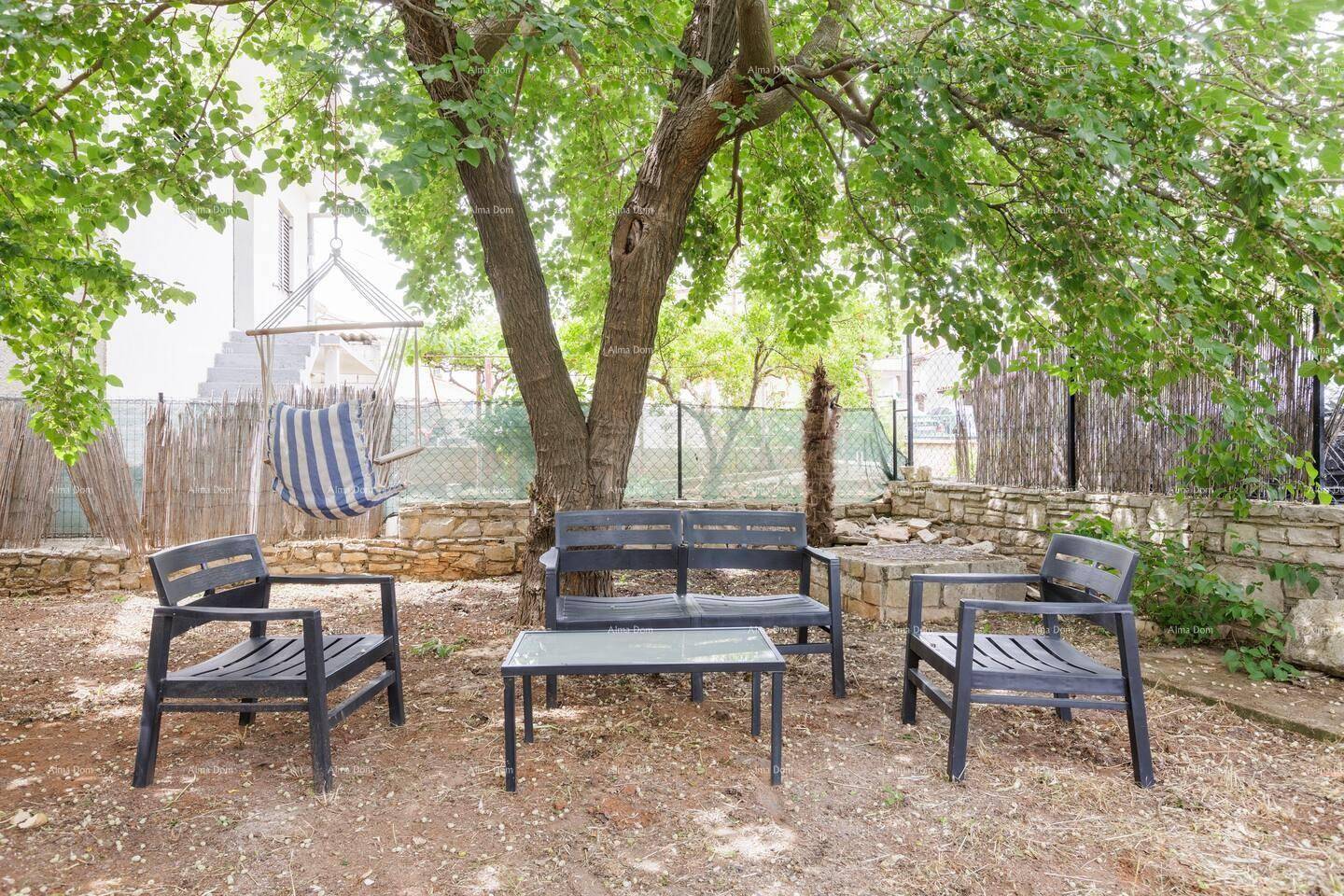 Schattiger Gartenbereich mit Sitzgelegenheiten und einer Hängeschaukel unter einem großen Baum.