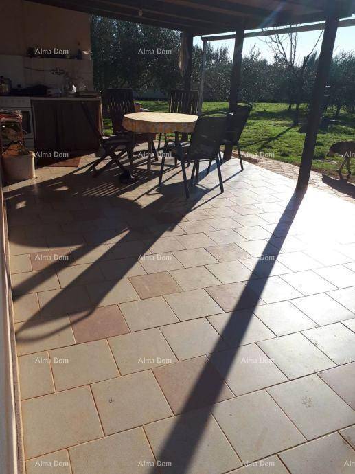 Geflieste Terrasse mit Esstisch und Stühlen, ideal für Mahlzeiten im Freien.