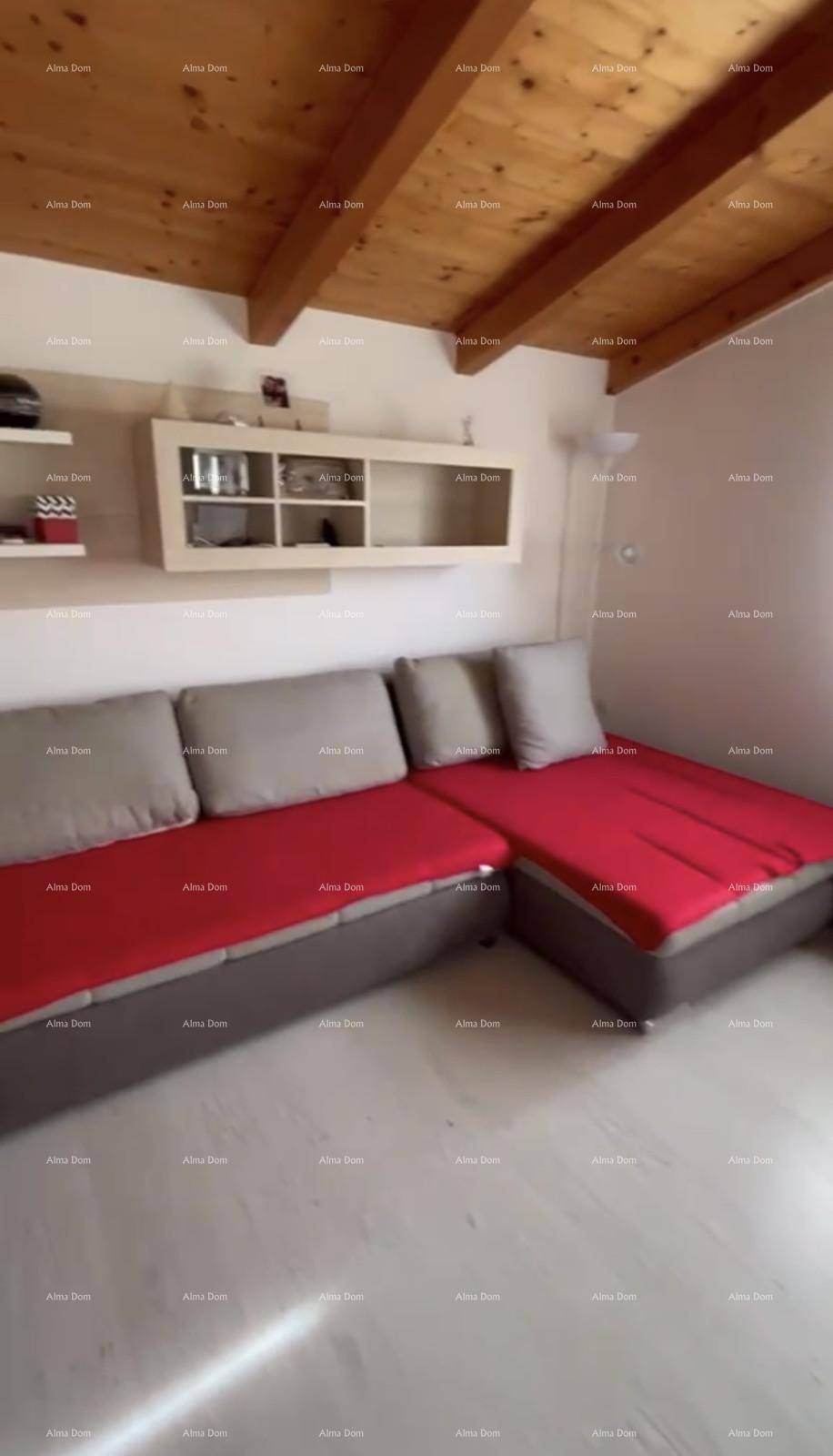 Gemütlicher Wohnbereich mit rotem Schlafsofa, Holzbalkendecke und praktischem Wandregal.