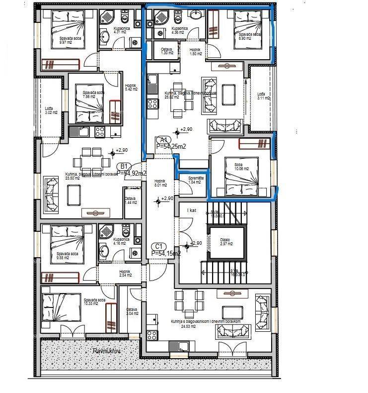 Detaillierter Grundriss einer Etage mit mehreren Wohnungen, Schlafzimmern und Bädern.
