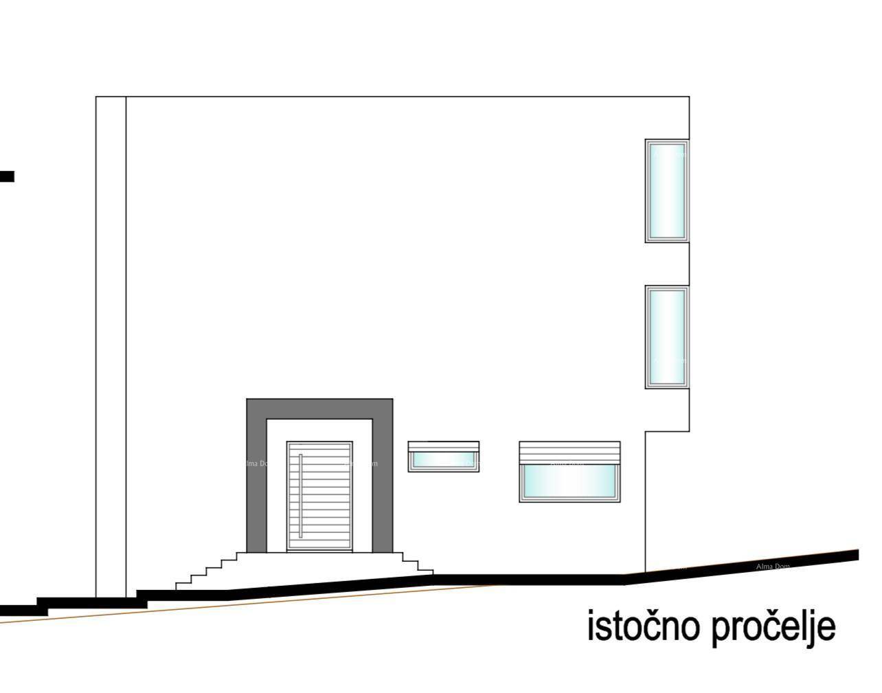 Architektonische Zeichnung der Ostfassade mit Haupteingang und kleineren Fenstern.