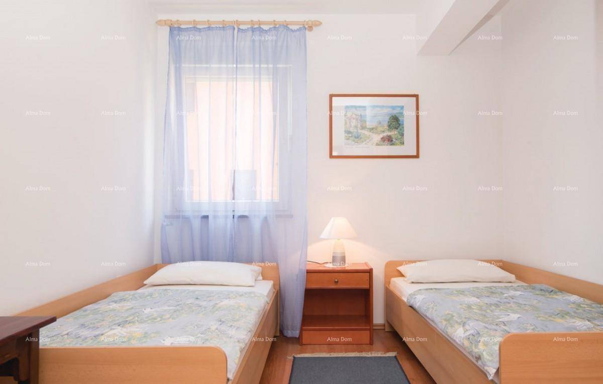 Schlafzimmer mit zwei Einzelbetten, Holzboden und einem Fenster mit hellblauen Vorhängen.