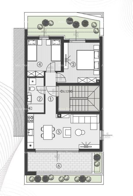 Grundriss einer Wohnung mit zwei Schlafzimmern, offenem Wohnbereich und Terrasse.