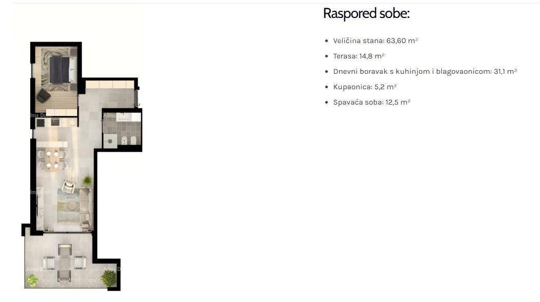 Grundriss einer Wohnung mit Schlafzimmer, Bad und offenem Wohnbereich.