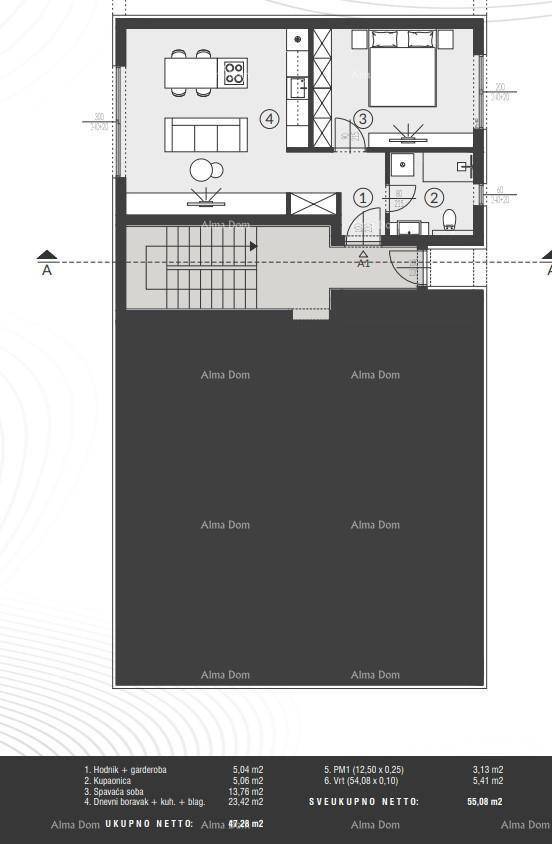Grundriss einer Wohnung mit offenem Wohnbereich, Schlafzimmer und Badezimmer.