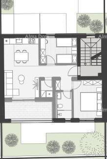 Grundriss einer Wohnung mit offenem Wohnbereich, Schlafzimmer, Bad und Zugang zu einem Garten.