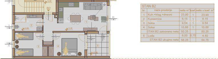 Detaillierter Grundriss einer Wohnung mit offenem Wohnbereich, zwei Schlafzimmern und Loggia.