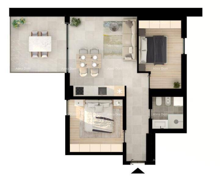 Detaillierter Grundriss einer Wohnung mit offenem Wohnbereich, zwei Schlafzimmern und einer Terrasse.