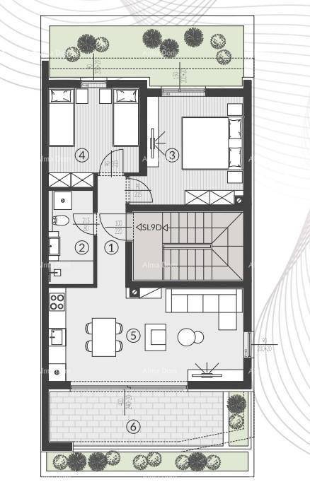Grundriss einer Wohnung mit offenem Wohnbereich, zwei Schlafzimmern und Terrasse.