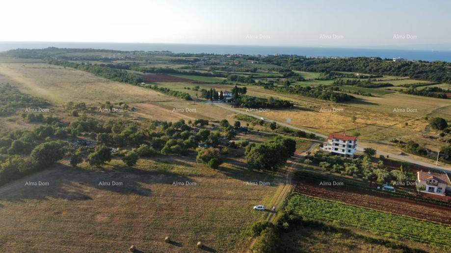 Luftaufnahme einer weiten ländlichen Landschaft mit Feldern, Bäumen und dem Meer in der Ferne, die die Umgebung zeigt.