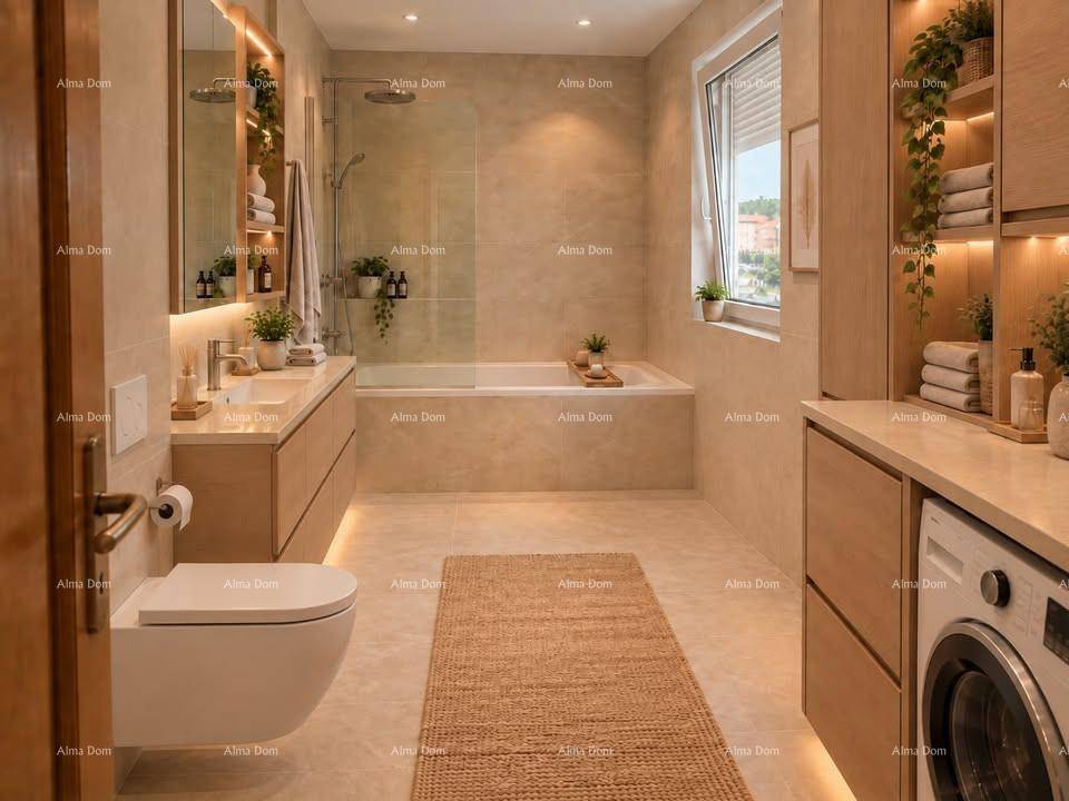Modernes Badezimmer mit Badewanne, Dusche, Fenster und integrierter Waschmaschine.