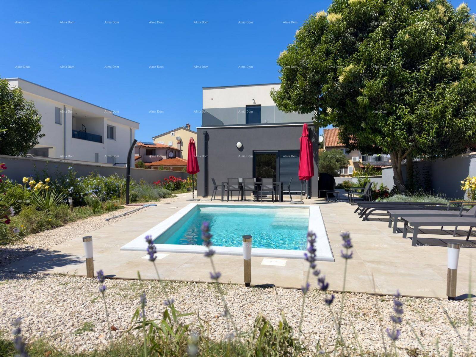 Weitläufiger Gartenbereich mit Swimmingpool, Sonnenliegen und moderner Architektur im Hintergrund.