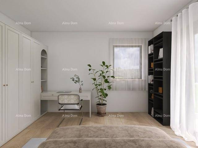 Schlafzimmer mit Bett, Schreibtisch, Kleiderschrank und Bücherregal.