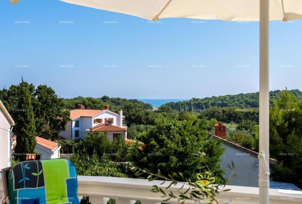 Panoramablick von einem Balkon über die grüne Umgebung bis zum Meer.