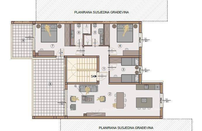 Detaillierter Grundriss einer Wohnung mit drei Schlafzimmern, offenem Wohnbereich und großer Terrasse.