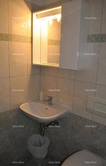 Kleines Badezimmer mit Waschbecken, Spiegelschrank und Wand-WC.
