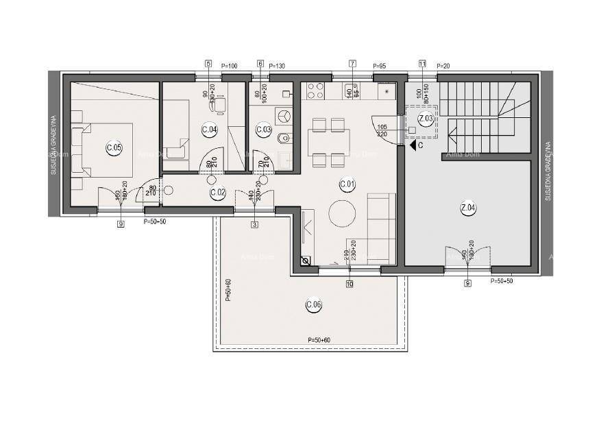 Grundriss einer Wohnung mit Wohnbereich, Schlafzimmern, Bad und Balkon.