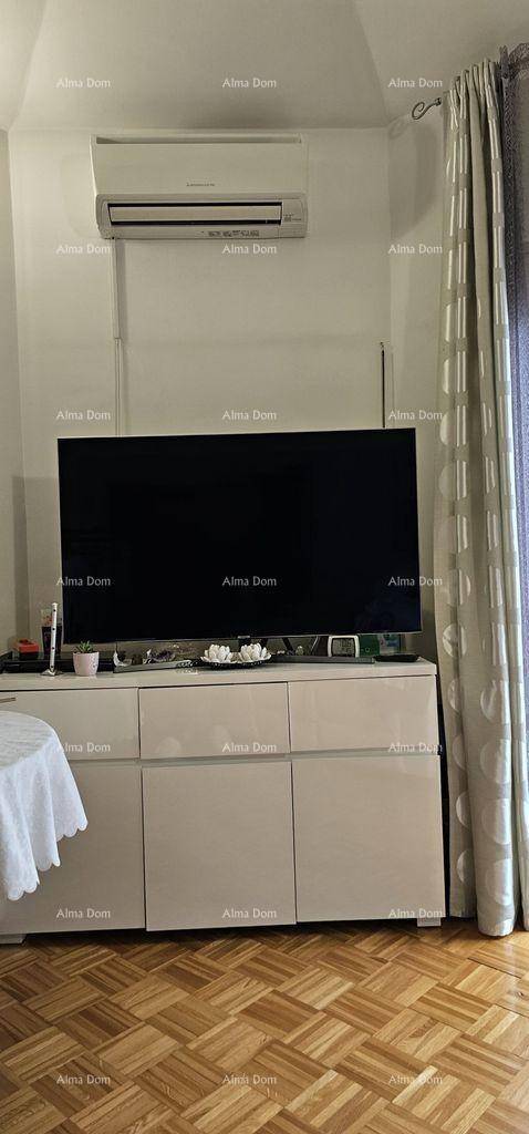Wohnzimmer mit großem Flachbildfernseher, Klimaanlage und Parkettboden.