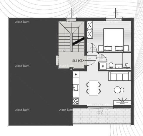 Grundriss einer Wohnung mit Schlafzimmer, Bad, offenem Wohnbereich und Treppenzugang.