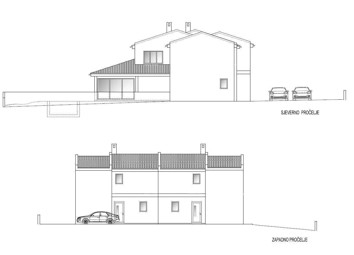 Architektonische Zeichnung der Nordfassade und Westfassade des Gebäudes mit Parkplätzen und Fenstern.