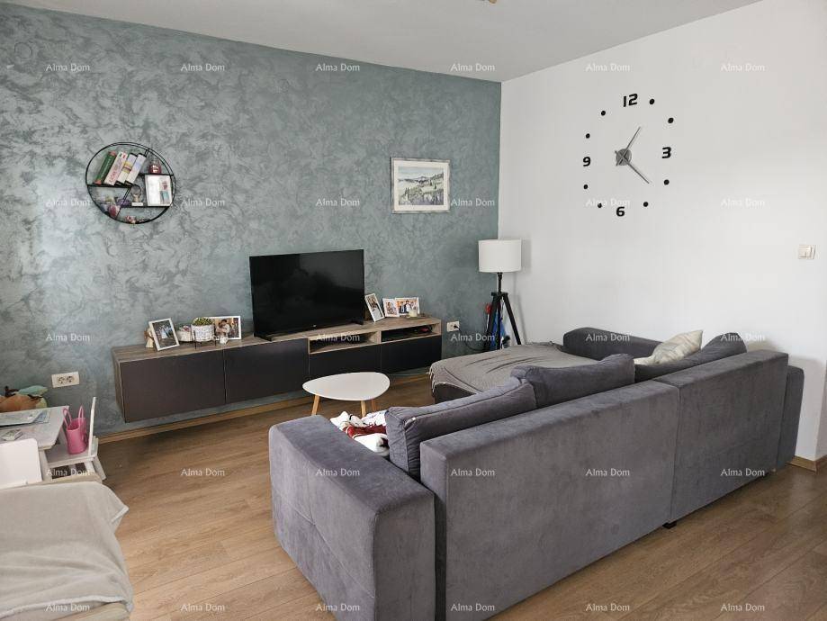 Modernes Wohnzimmer mit einer Akzentwand in Türkis, großem Sofa und Holzboden.